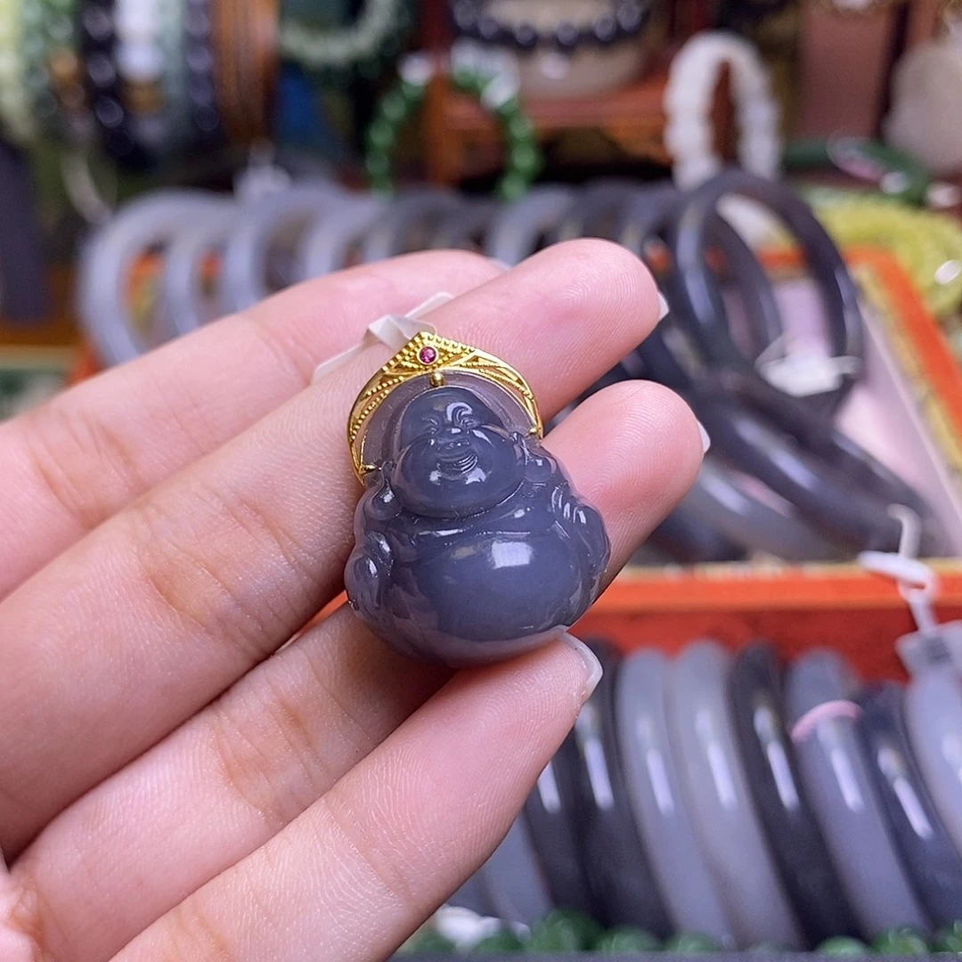 和田玉未镶嵌颈饰浓烟紫老矿料金镶佛公