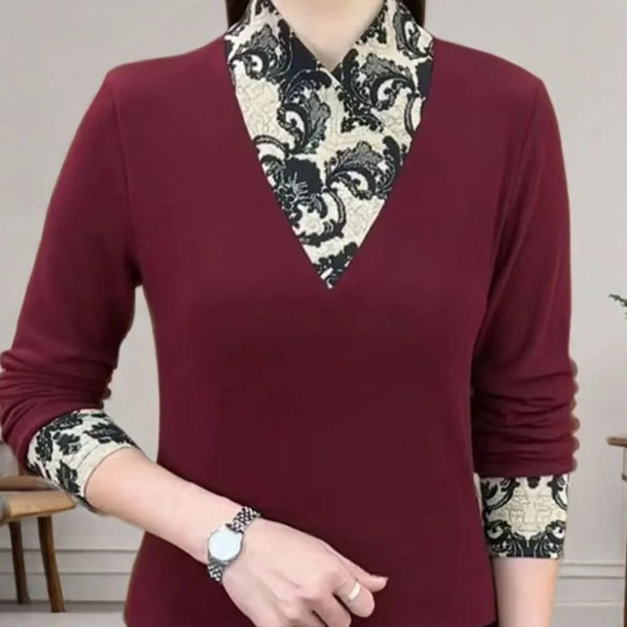 早春秋季保暖新款安可拉红拼接假两件外穿长袖t恤女士上衣打底衫