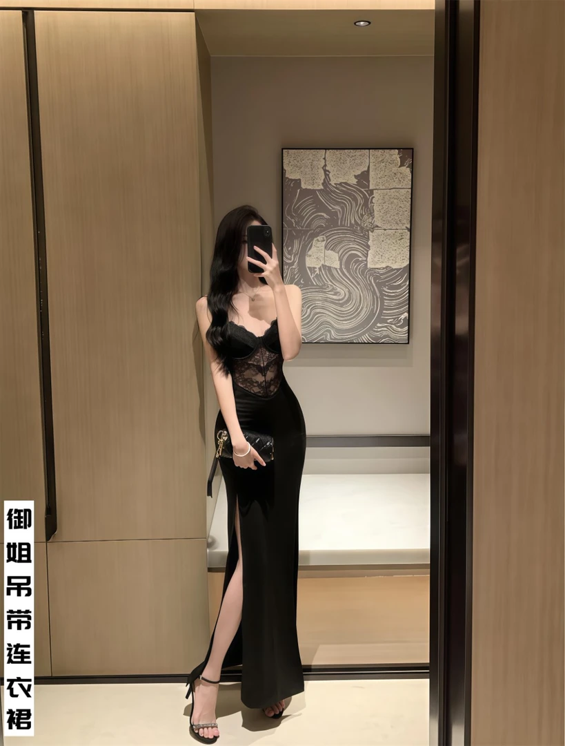 性感黑色蕾丝吊带连衣裙女气质御姐晚礼服开叉紧身后妈裙海边穿搭
