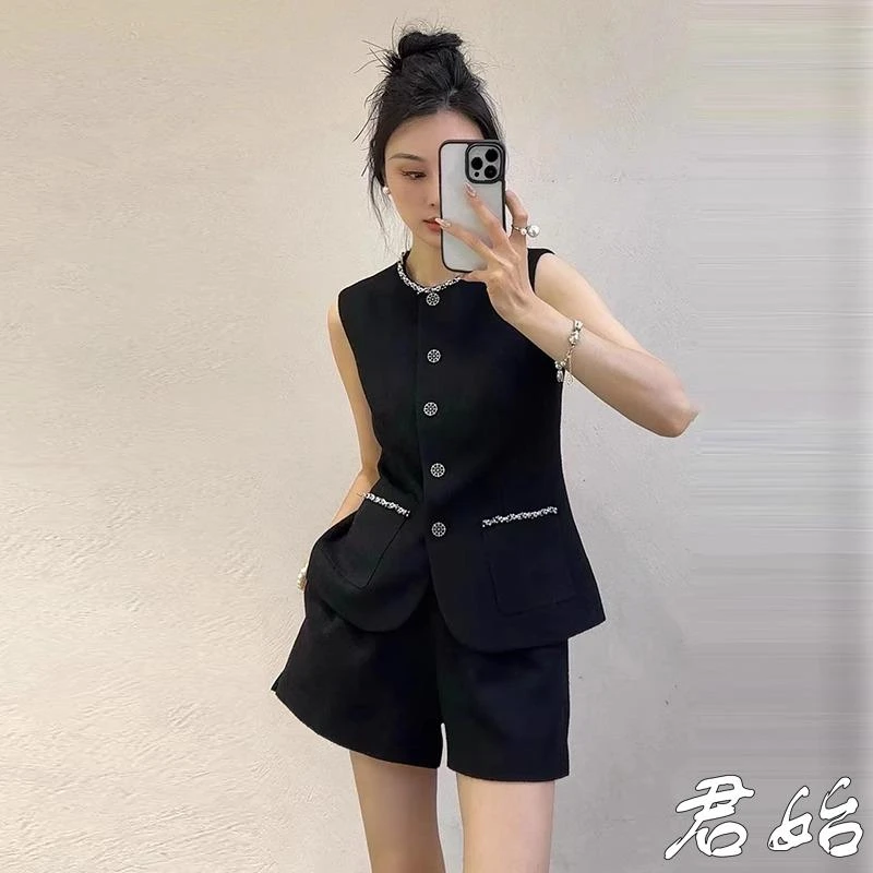 名媛小香风无袖马甲时尚套装女2025年爆款高腰阔腿短裤两件套夏季
