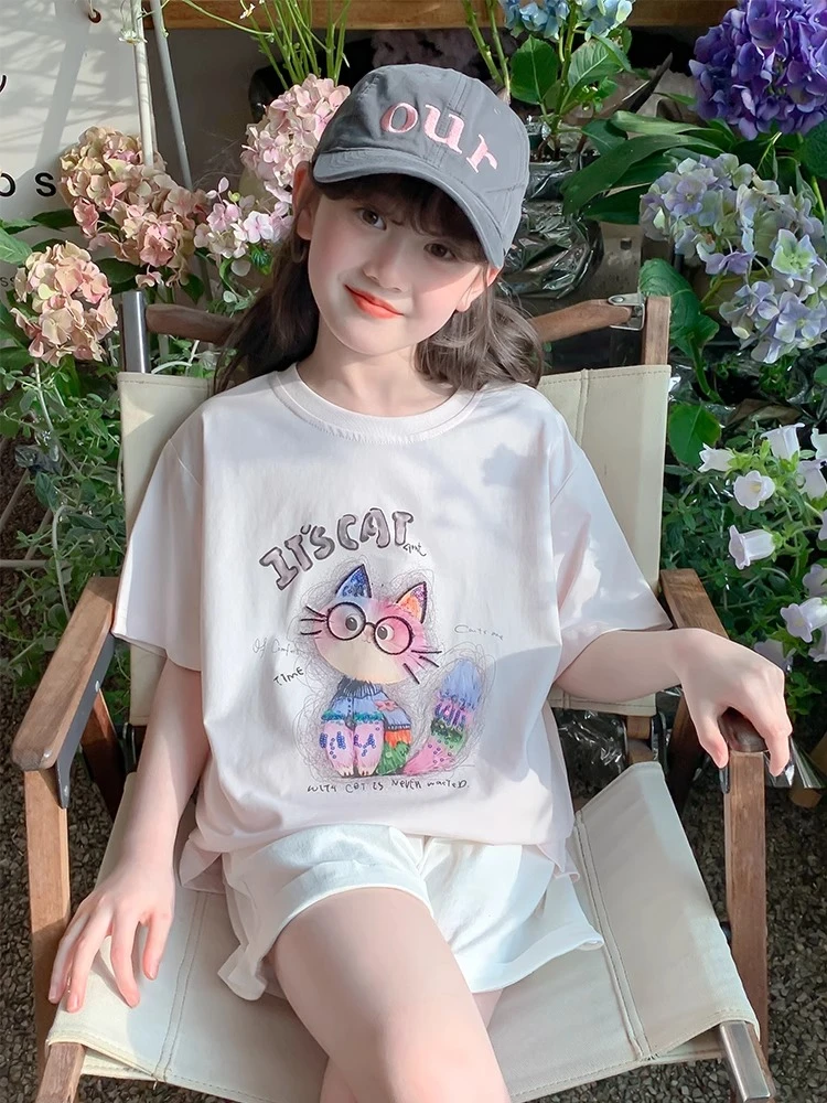 女童短袖T恤2025新款洋气女孩夏装儿童网红时髦上衣夏季纯棉半袖t