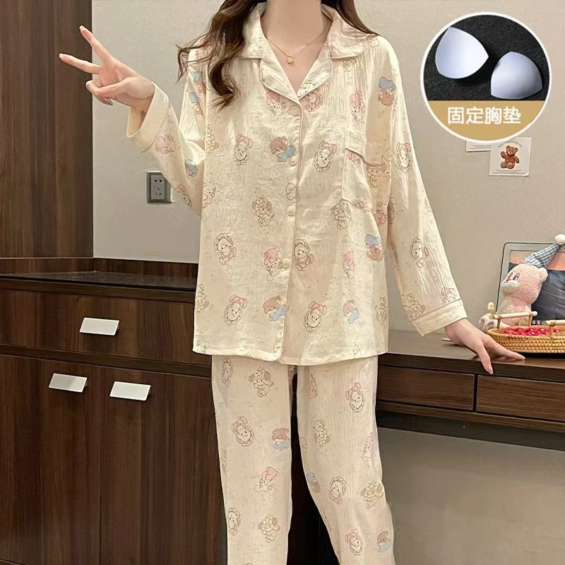 编号[G101-G150]睡衣女春夏季少女长袖家居服带胸垫可外穿甜美