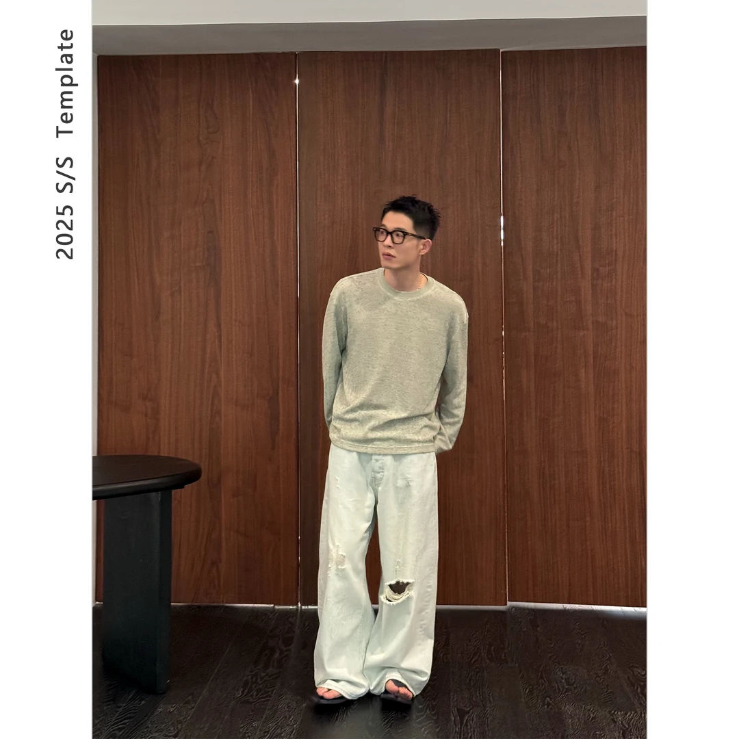 DUPU CONTRACTED 亚麻混纺定织镂空混色针织素材长袖防晒TEE