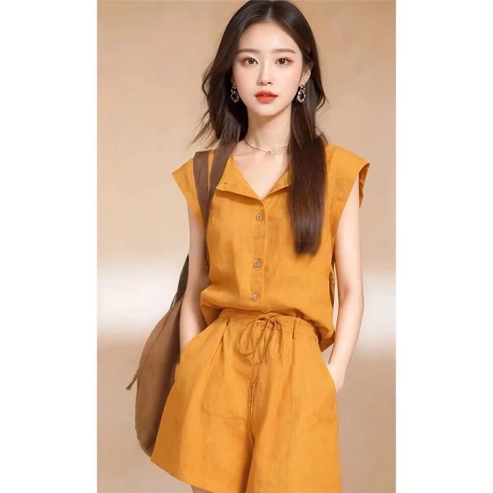 轻熟夏装2025炸街时尚洋气减龄显瘦遮肉黄色亚麻衬衫短裤两件套装