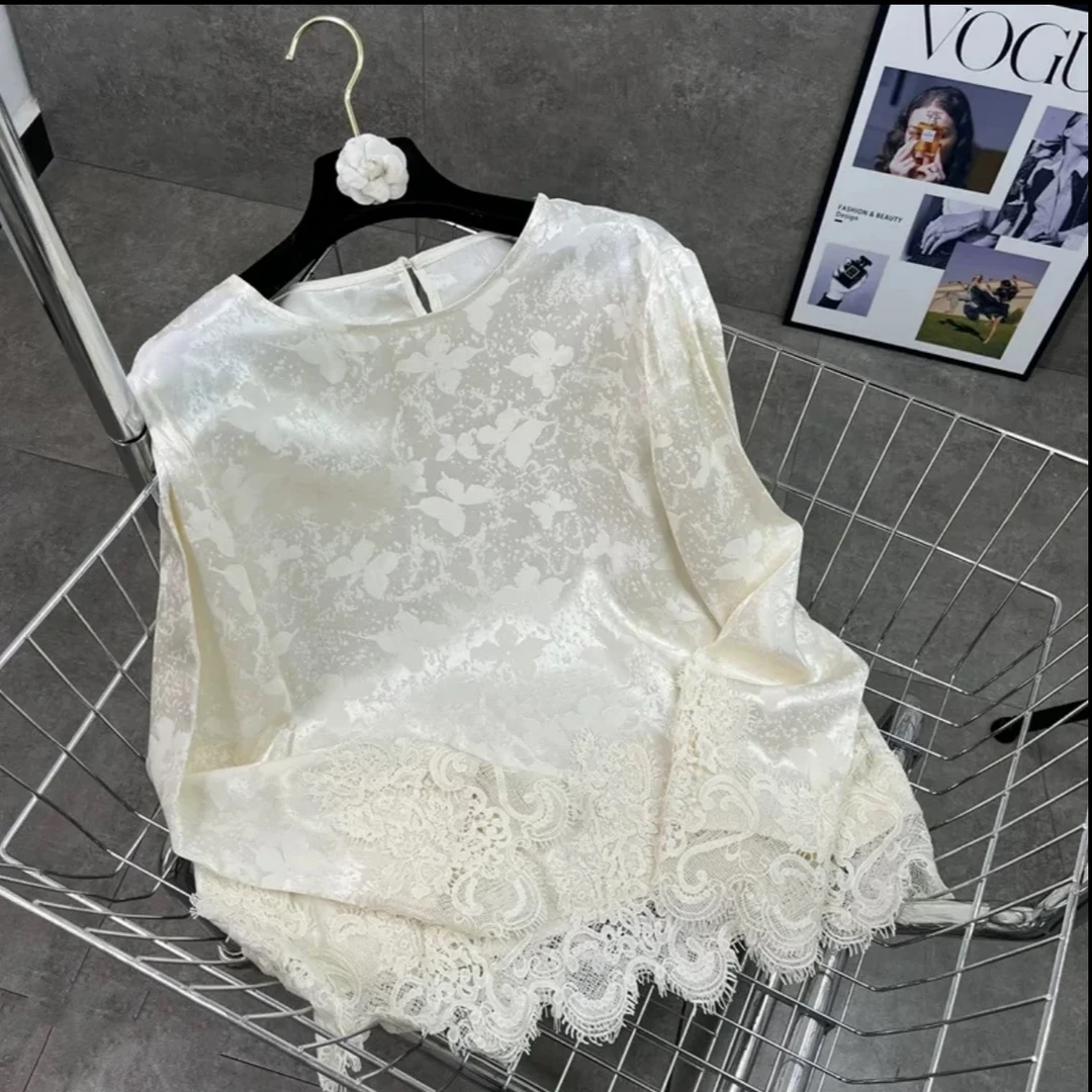 2025年 早春新款新中式国风提花下摆拼接蕾丝长袖衬衫