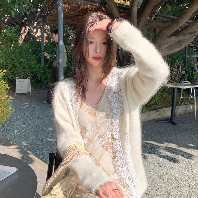 【云朵慕斯】RARE ME法式唯美马海毛镂空花边v领系扣针织上衣女