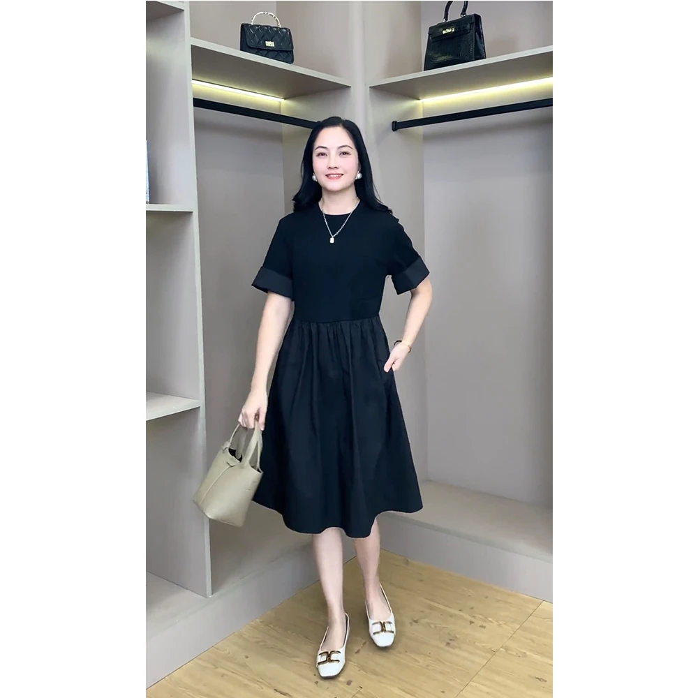 大码气质拼接设计感连衣裙女2025夏季新款胖mm收腰显瘦中长款裙子