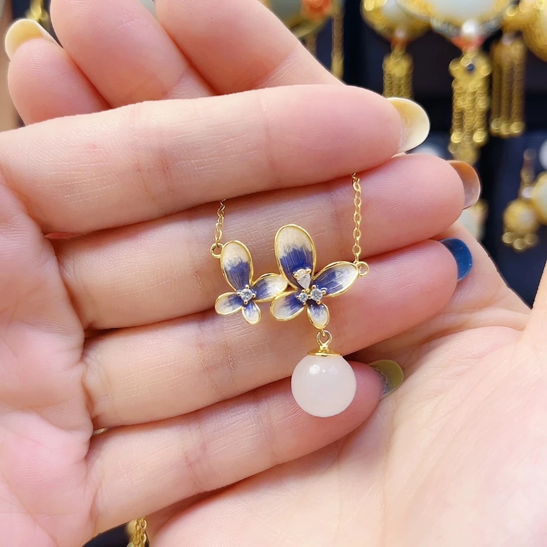 和田玉银S925镀金镶嵌颈饰