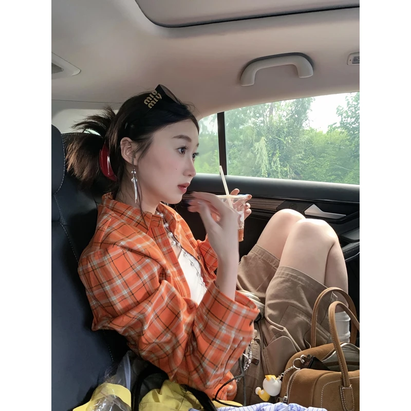 夏秋季新款复古中性风格子衬衫休闲防晒长袖衬衣松弛感潮穿搭外套