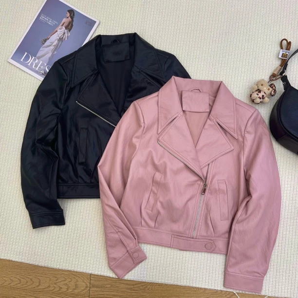 ［巧巧定制］新款韩版百搭修身显瘦时尚翻领斜拉链长袖皮衣外套6119