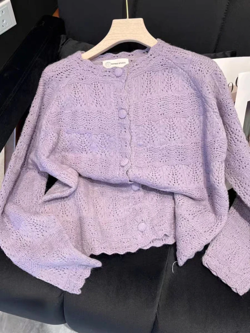 2025春季新款常规镂空开衫款针织纯色糖果毛衣上衣温柔春季时尚