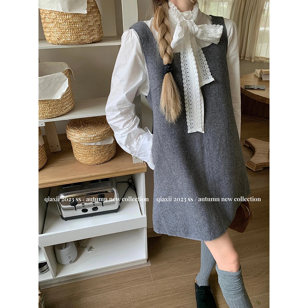 灰色无袖毛呢背心连衣裙女秋冬季新款法式气质收腰显瘦A字短裙子