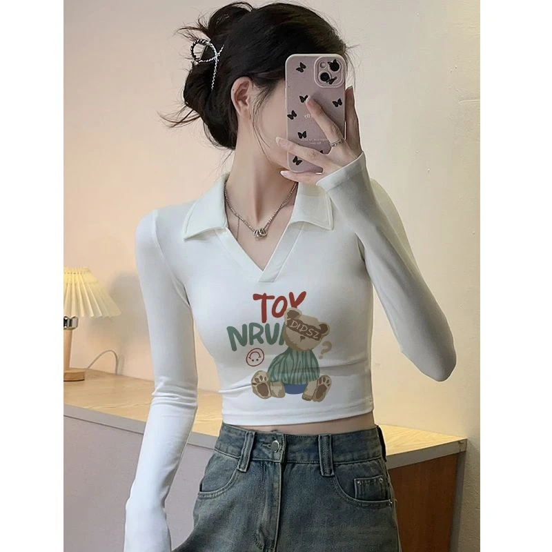 polo领纯欲风短款长袖T恤女装秋季辣妹设计感修身白色打底衫上衣