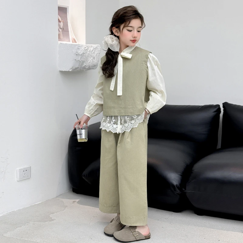 女童韩系甜美马甲春秋套装2025新款中大儿童6-12岁15春装蕾丝衬衫