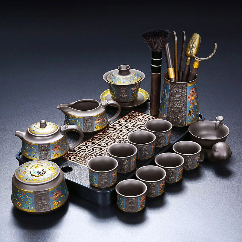 紫砂花开富贵功夫茶具整套家用酒店泡茶壶带茶盘套装茶杯茶具套装