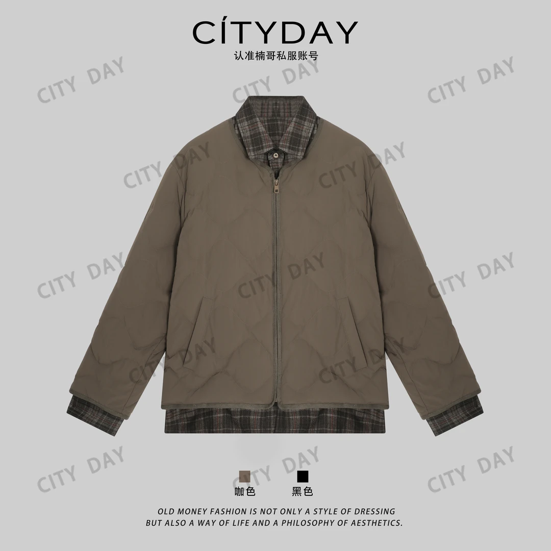 CityDay【楠哥】90白鸭绒 拼格纹假两件层次感老钱羽绒服 8155