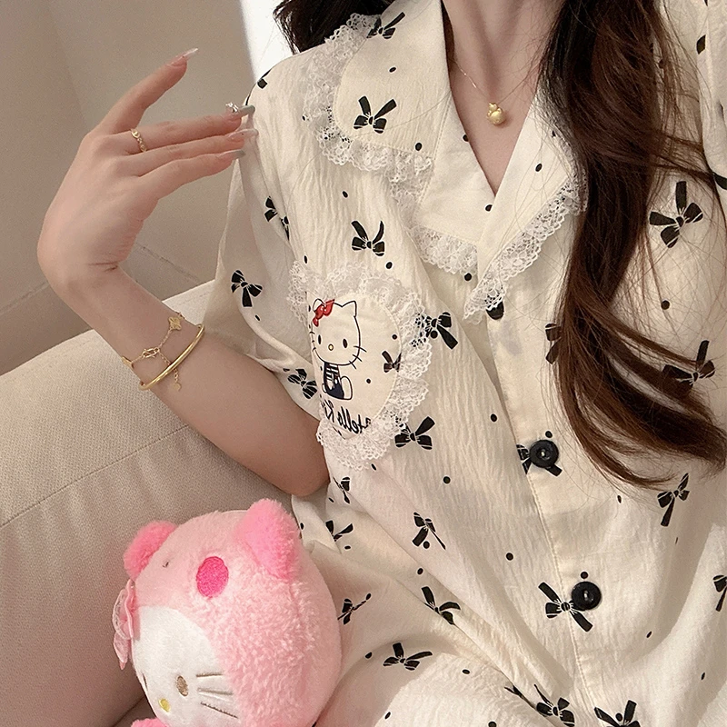 带胸垫睡衣女夏季2025新款卡通蝴蝶结kitty短袖可外穿家居服夏天