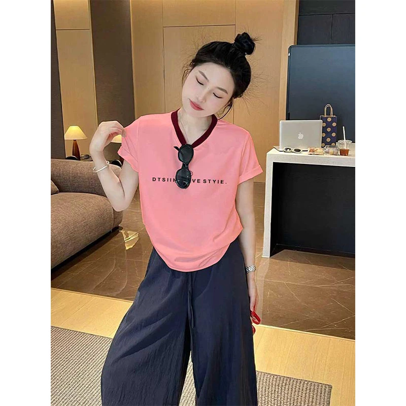 2025夏季新款正肩撞色短袖t恤女小众不撞款时尚百搭洋气粉色上衣