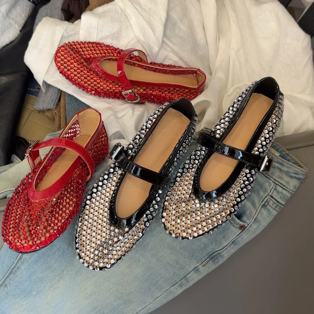 【六呈六】牛皮/2.5CM/内增高拼接编织渔网镂空芭蕾舞玛丽珍单鞋女