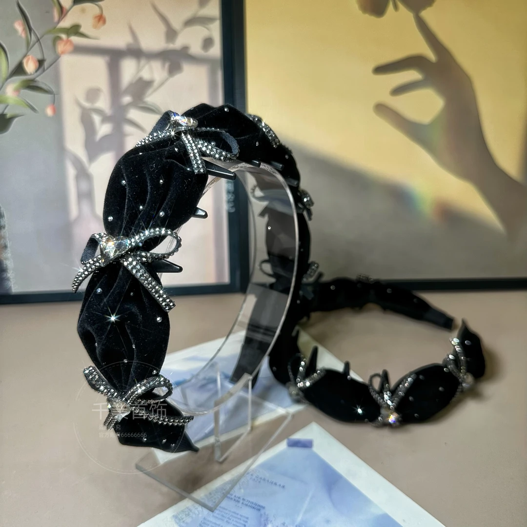 2025秋冬新款韩版丝绒镶钻蝴蝶结气质百搭减龄高颅顶发箍T0961