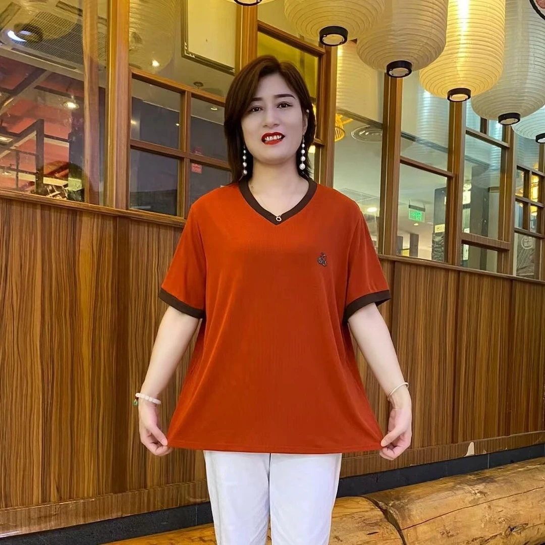 拼接V领中长款纯色透气短袖T恤大码女士时髦小姨风