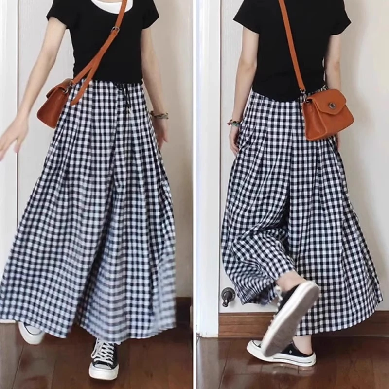 黑白格子裙裤女夏薄款大码胖mm高腰显瘦休闲裤梨形身材阔腿九分裤