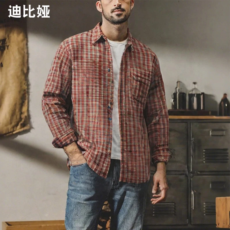 【原创设计】秋季男装千鸟格长袖衬衫潮流气泡肌理百搭复古衬衣Y