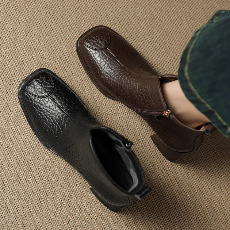 牛皮5.5cm～方头短靴中跟显瘦气质秋冬新款马丁靴粗跟气质女时装靴