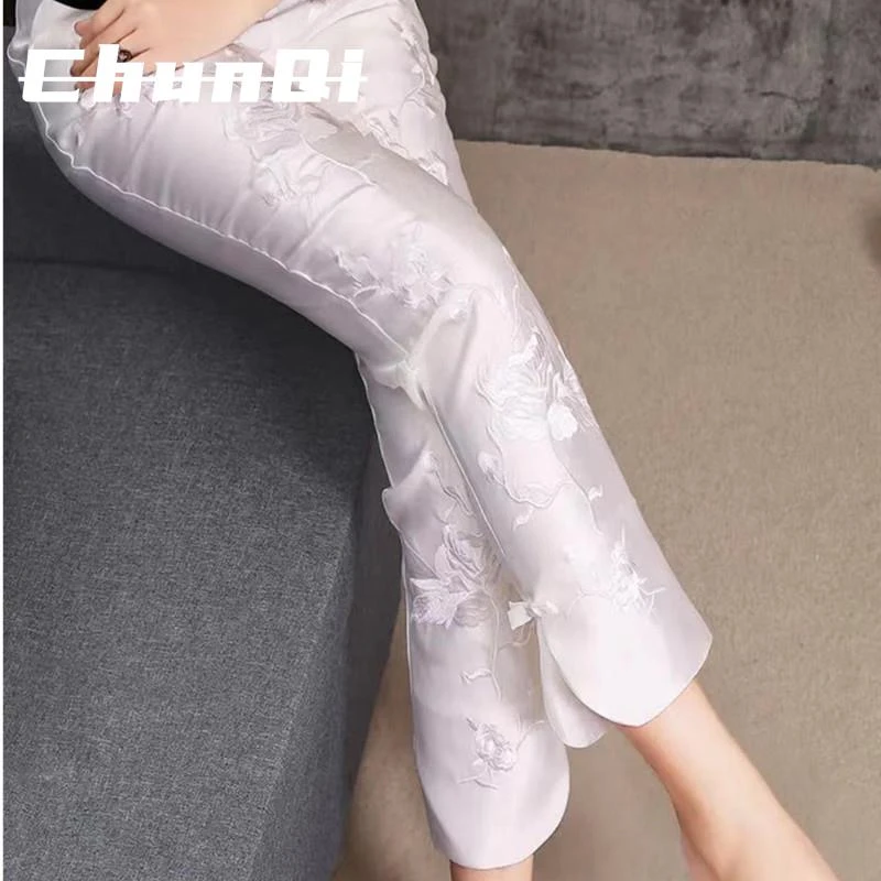 淳启新中式哈伦八分裤绣花裤子女夏国风白色裤百搭裤显瘦休闲马裤