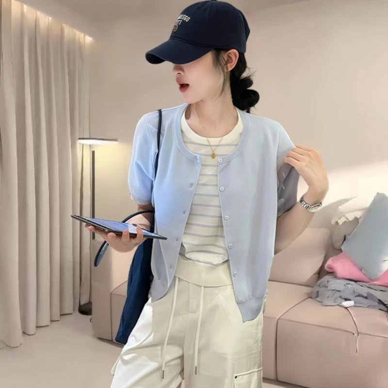 韩系针织开衫春夏薄款百搭圆领条纹假两件撞色单排扣短袖宽松减龄