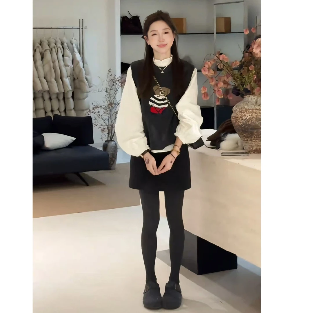 2026年冬季时尚休闲慵懒风气质套装长袖衬衫针织马甲半身裙三件套