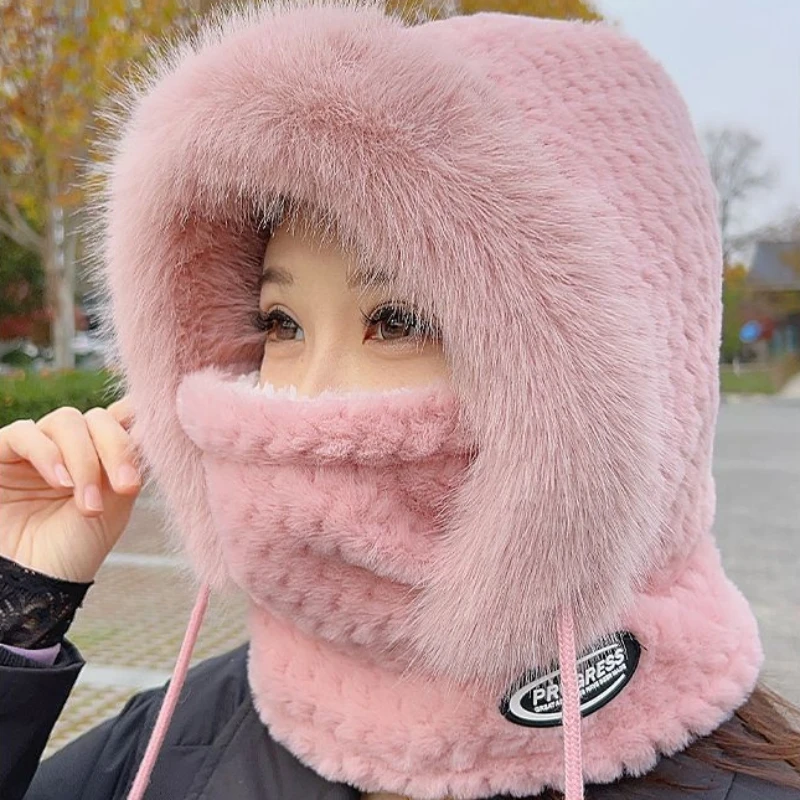 毛绒面罩围脖一体帽子女冬季新款加厚户外骑行滑雪防风防寒保暖帽
