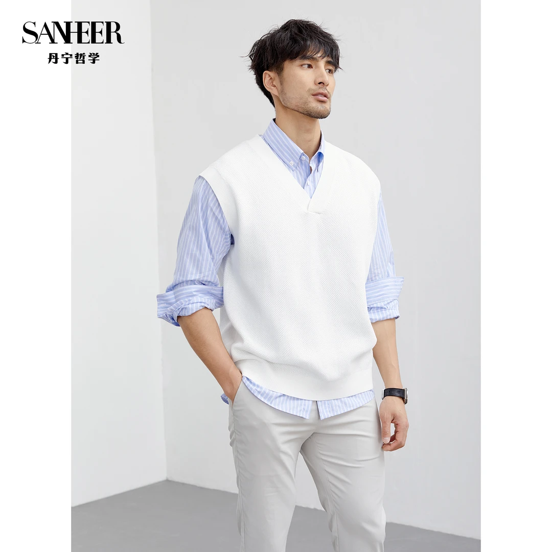 SANHEER 毛织背心 PIMA棉蜂窝针法 宽松男士V领针织马甲 DAZ652