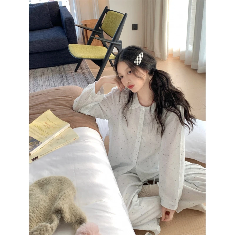 韩式ins小波点简约蓝色棉纱舒适家居服白色睡衣宽松秋冬长袖套装