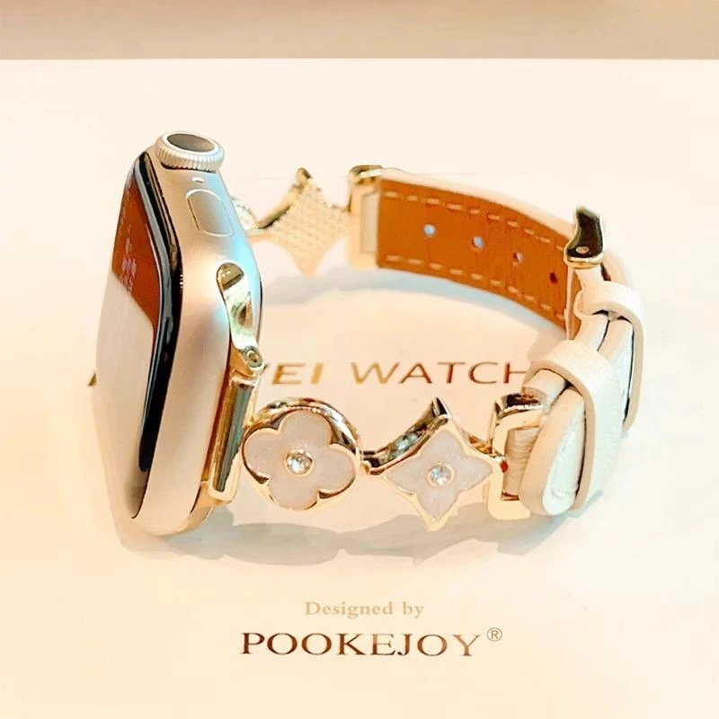 适用iwatchS10表带四叶草拼皮链条苹果手表678SE高级感s9女款腕带