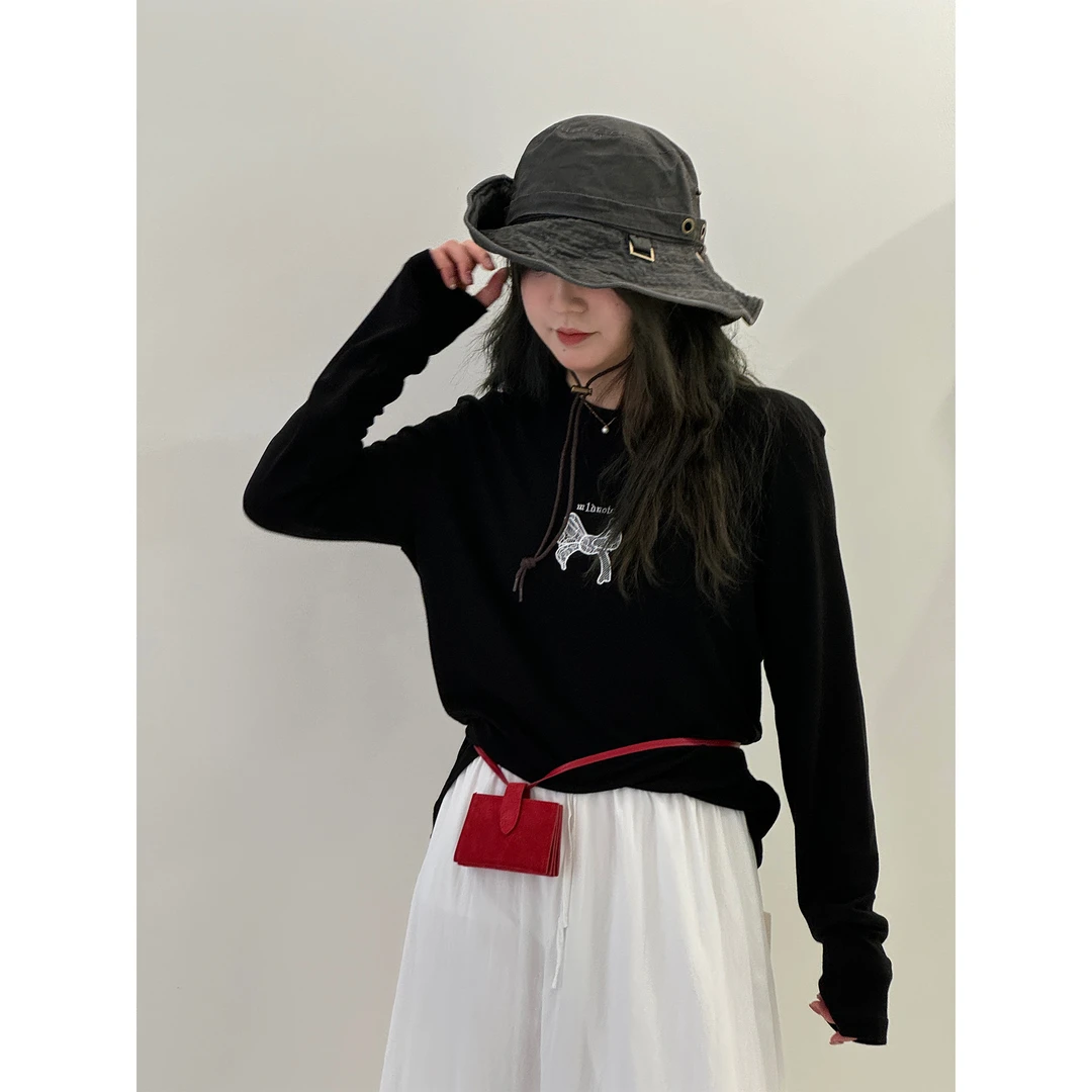 zhukele  胸前蝴蝶蕾丝长袖T恤 休闲百搭时尚