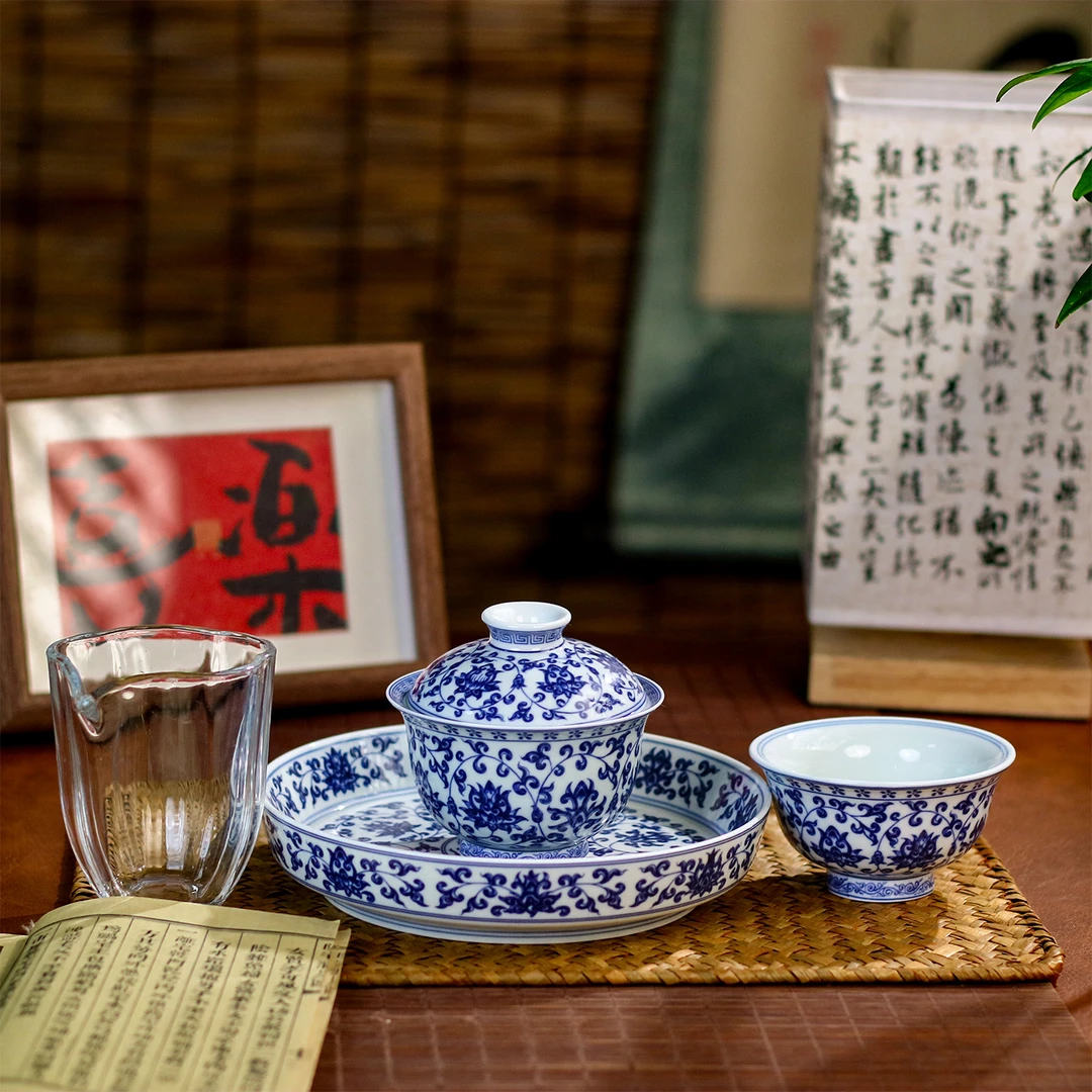 景德镇青花缠枝莲盖碗茶具4件套高档个人专用悬停泡茶碗釉下