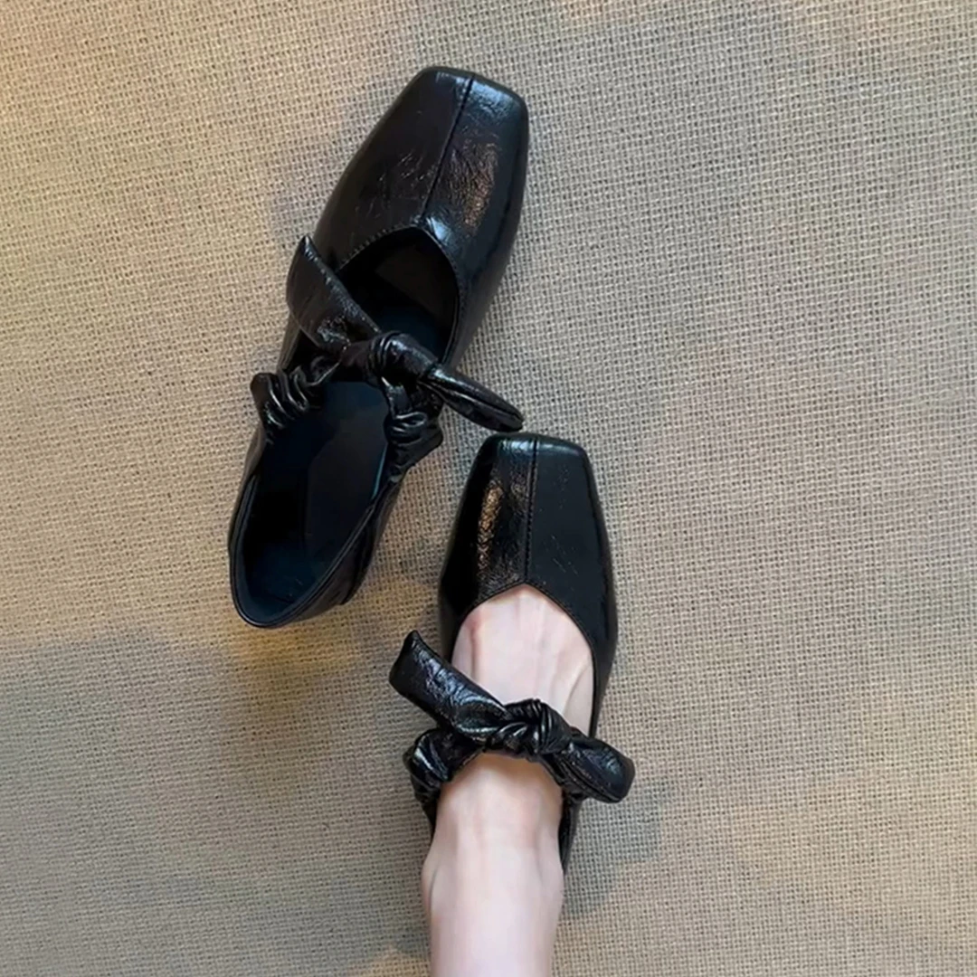 羊皮版~英伦风浅口单鞋女一字带蝴蝶结底鞋一蹬方玛丽珍鞋