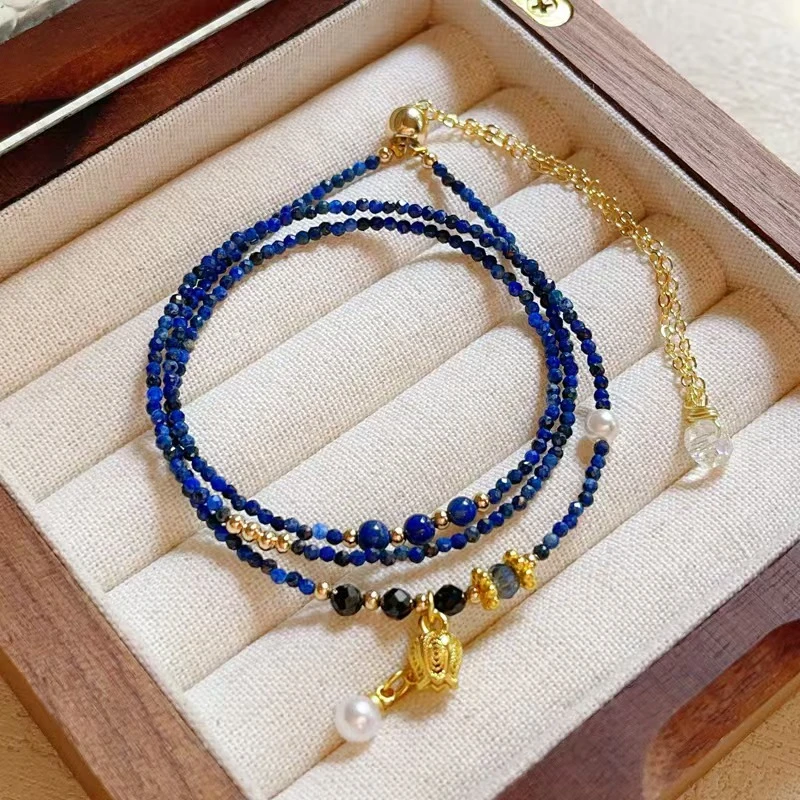 铜合金仿水晶手链 蓝色小米粒多圈中式风百搭首饰手链手串