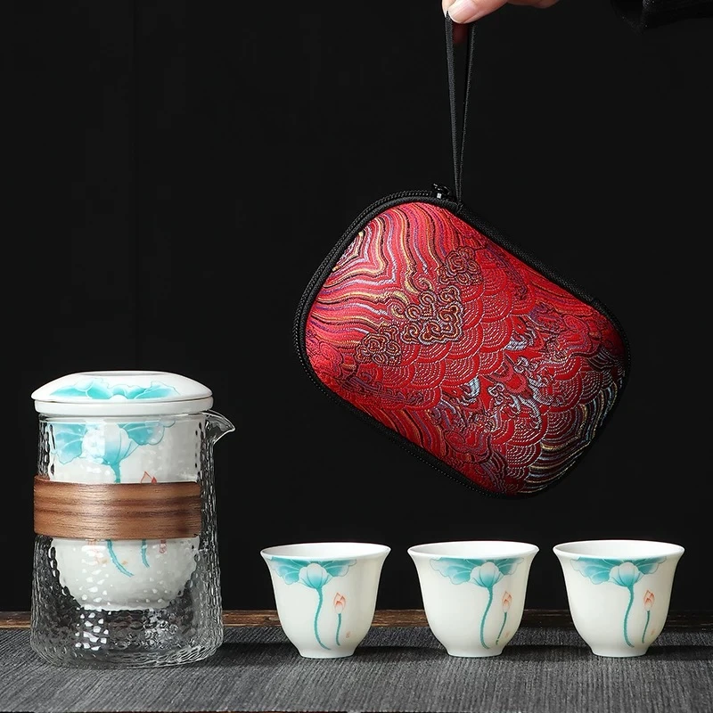 羊脂玉瓷荷韵一壶三杯旅行套装1753户外陶瓷