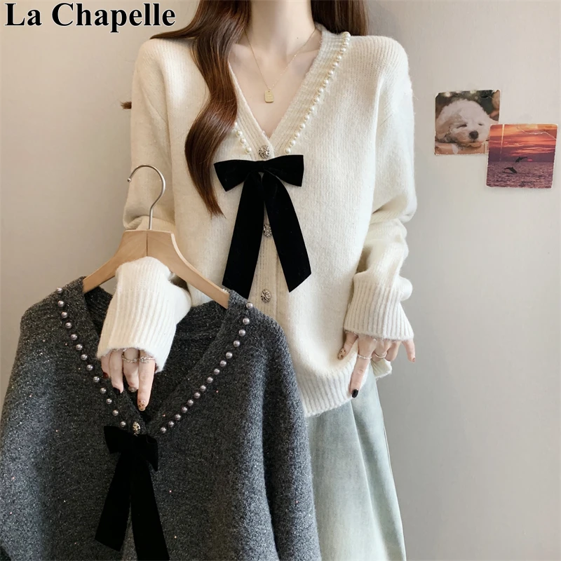 拉夏贝尔秋季时尚气质法式小香风胖MM蝴蝶结上衣开衫针织衫外套女