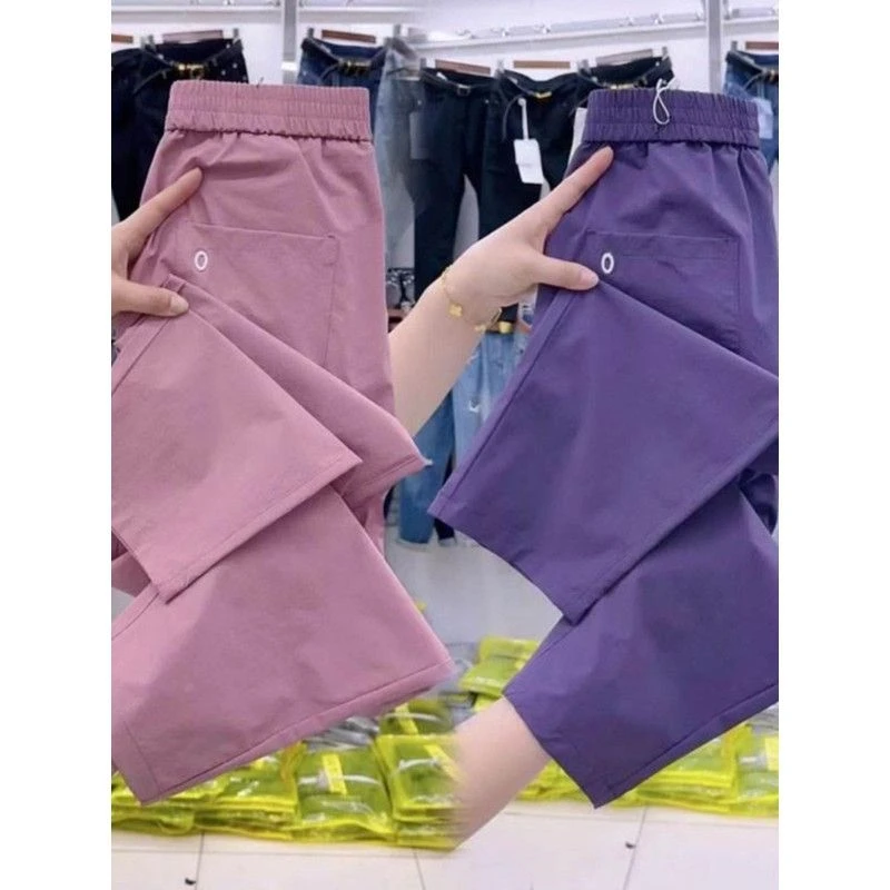 欧货薄款透气网纱格速干哈伦裤女款2025夏季高腰显瘦八分老爹裤潮