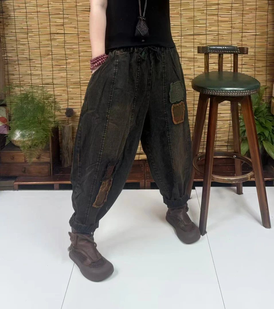 25307百搭福字贴布十二片拼接松紧腰南瓜裤（长90左右，90-160斤）