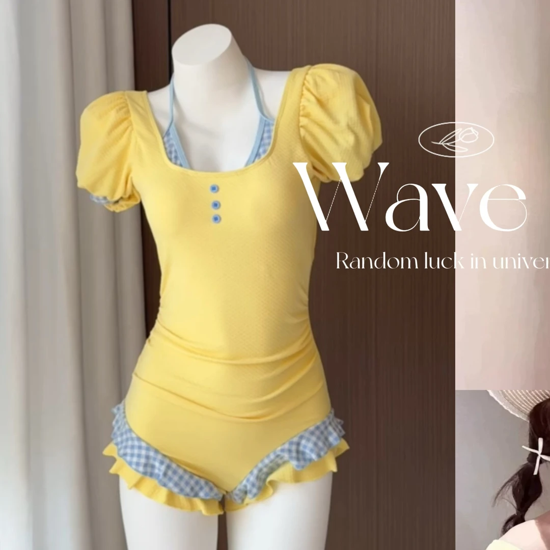「元气少女」黄色多巴胺连体裙式可爱泡泡袖拼接显瘦温泉海边泳装女