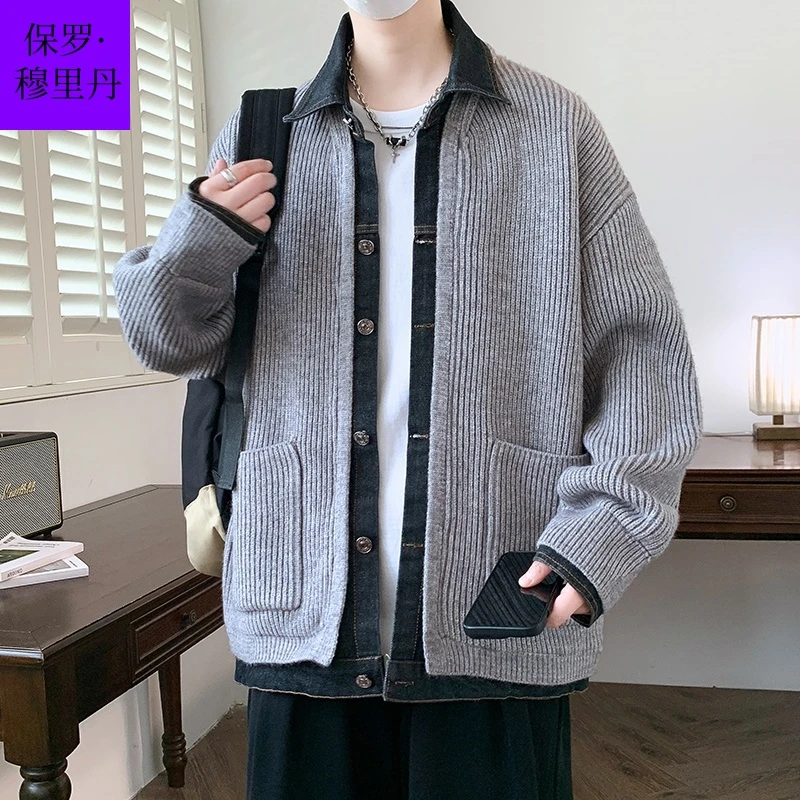 保罗穆里丹ins开衫痞帅时尚冬季长袖翻领毛衣针织衫男士潮流休闲
