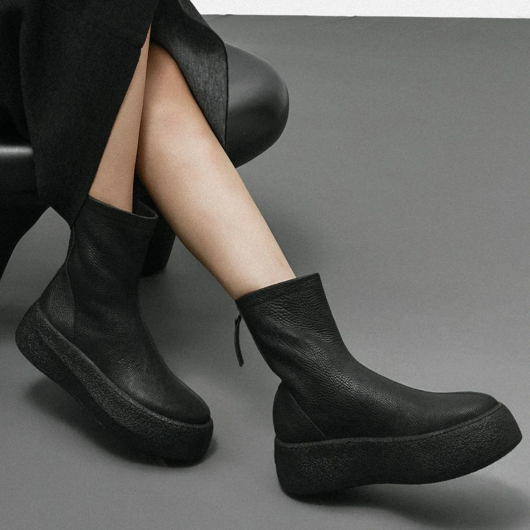 D2527 拉链时尚短靴黑色厚底防水台圆头袜靴百搭中筒舒适休闲