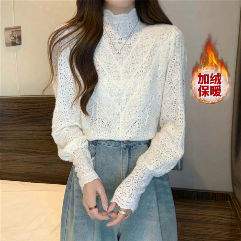 法式独特加厚蕾丝衬衫女秋冬2025新款大码胖mm高级内搭打底衫上衣