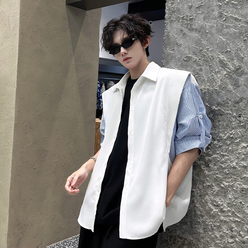 PLQV春夏季新款港风假两件宽松拼接飞肩设计感短袖衬衫卫衣休闲潮