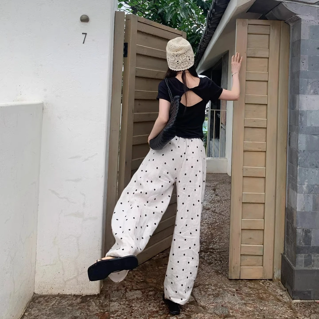 一三良品小个子 全亚麻～复古波点灯笼花苞裤-Z5506