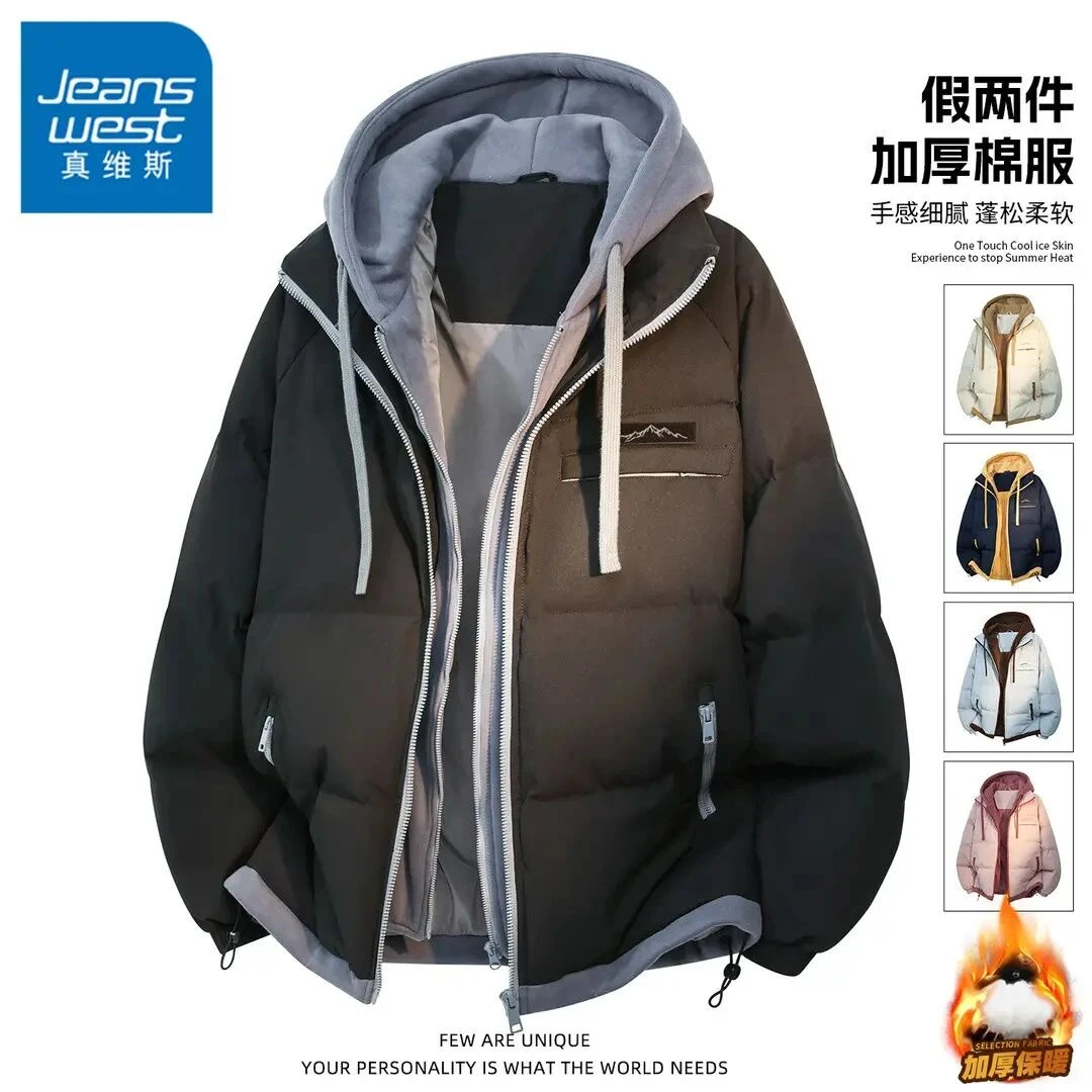 真维斯冬季假两件棉衣男生美式潮流时尚面包服加厚保暖情侣款棉服